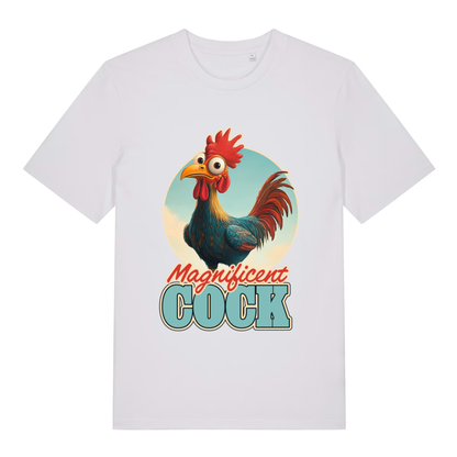 White Magnificent Cock funny graphic t-shirt showing cartoon rooster and bold “Magnificent COCK” slogan  