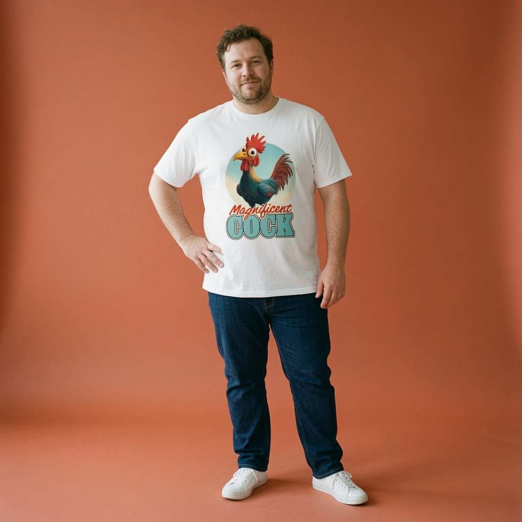 Man with hand on hip in white Magnificent Cock t-shirt, mens funny witty animal pun