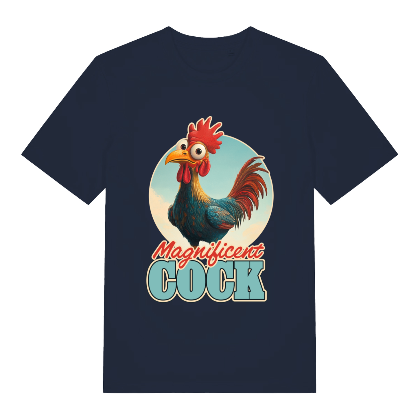 Navy Magnificent Cock funny graphic t-shirt with colourful cartoon rooster and “Magnificent COCK” text  