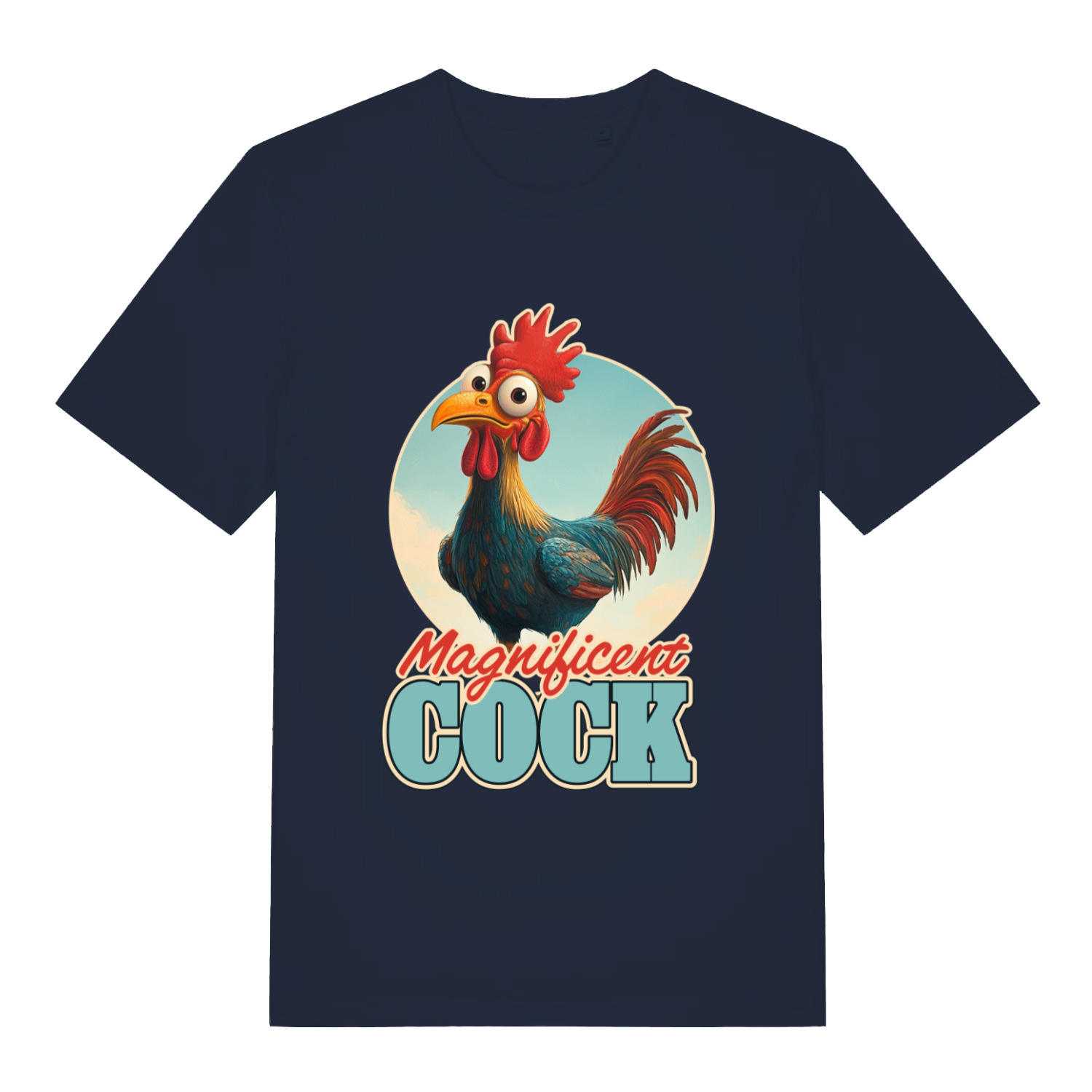 Navy Magnificent Cock funny graphic t-shirt with colourful cartoon rooster and “Magnificent COCK” text  