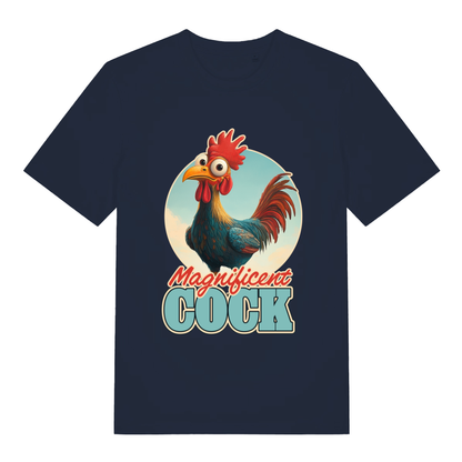 Navy Magnificent Cock funny graphic t-shirt with colourful cartoon rooster and “Magnificent COCK” text  