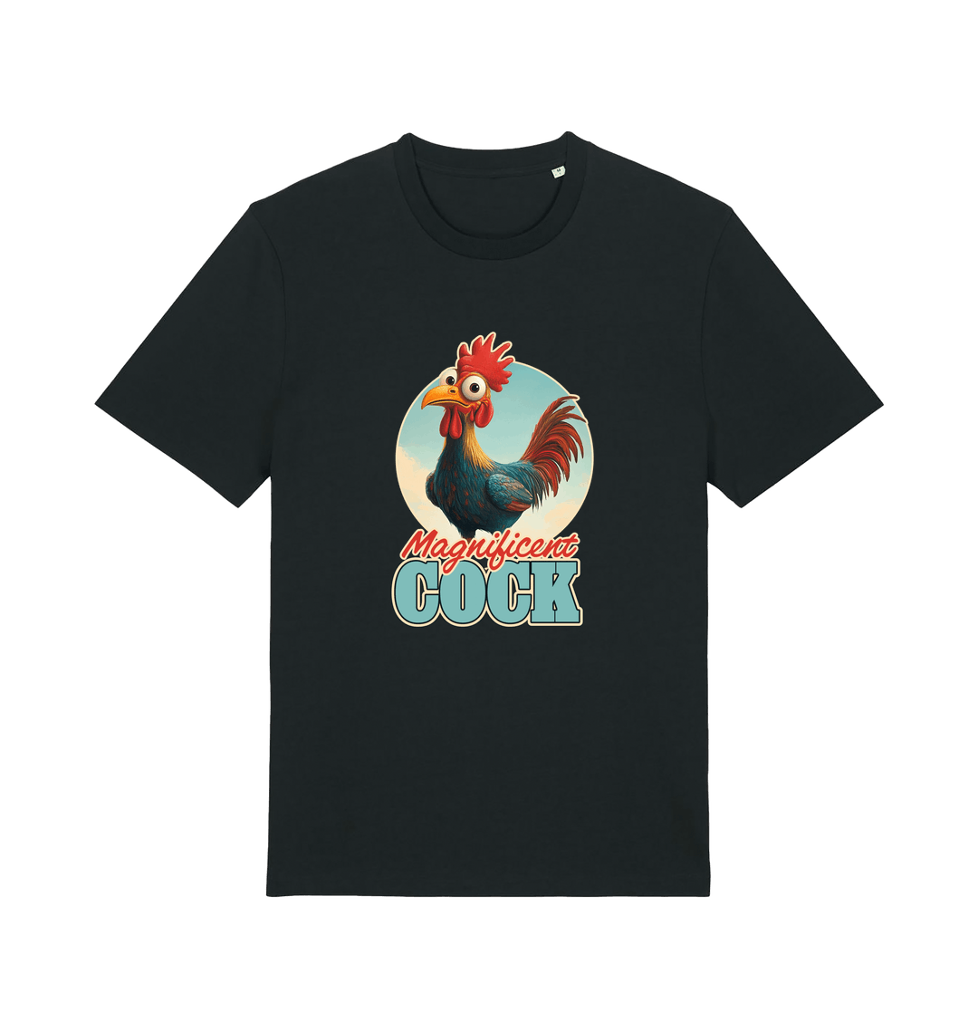black funny offensive t-shirt with the graphic of a rooster and the slogan 'magnificent cock'