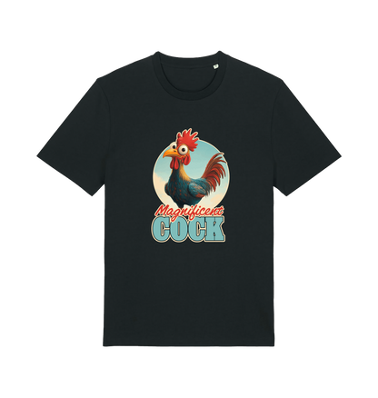 black funny offensive t-shirt with the graphic of a rooster and the slogan 'magnificent cock'