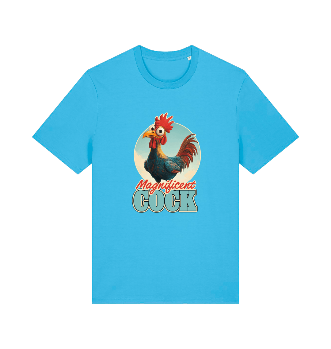 blue funny offensive t-shirt with the graphic of a rooster and the slogan 'magnificent cock'
