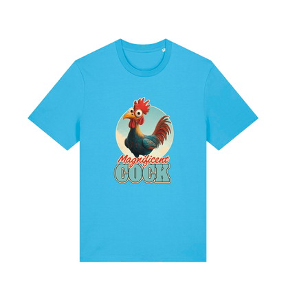 blue funny offensive t-shirt with the graphic of a rooster and the slogan 'magnificent cock'