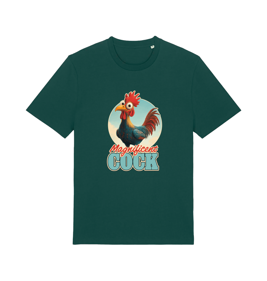 green funny offensive t-shirt with the graphic of a rooster and the slogan 'magnificent cock'