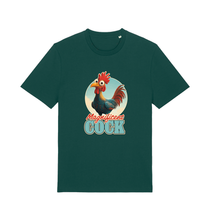 green funny offensive t-shirt with the graphic of a rooster and the slogan 'magnificent cock'