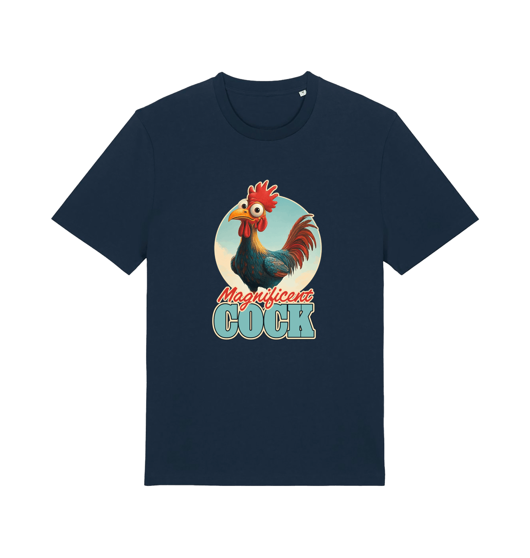 navy funny offensive t-shirt with the graphic of a rooster and the slogan 'magnificent cock'