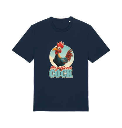 navy funny offensive t-shirt with the graphic of a rooster and the slogan 'magnificent cock'