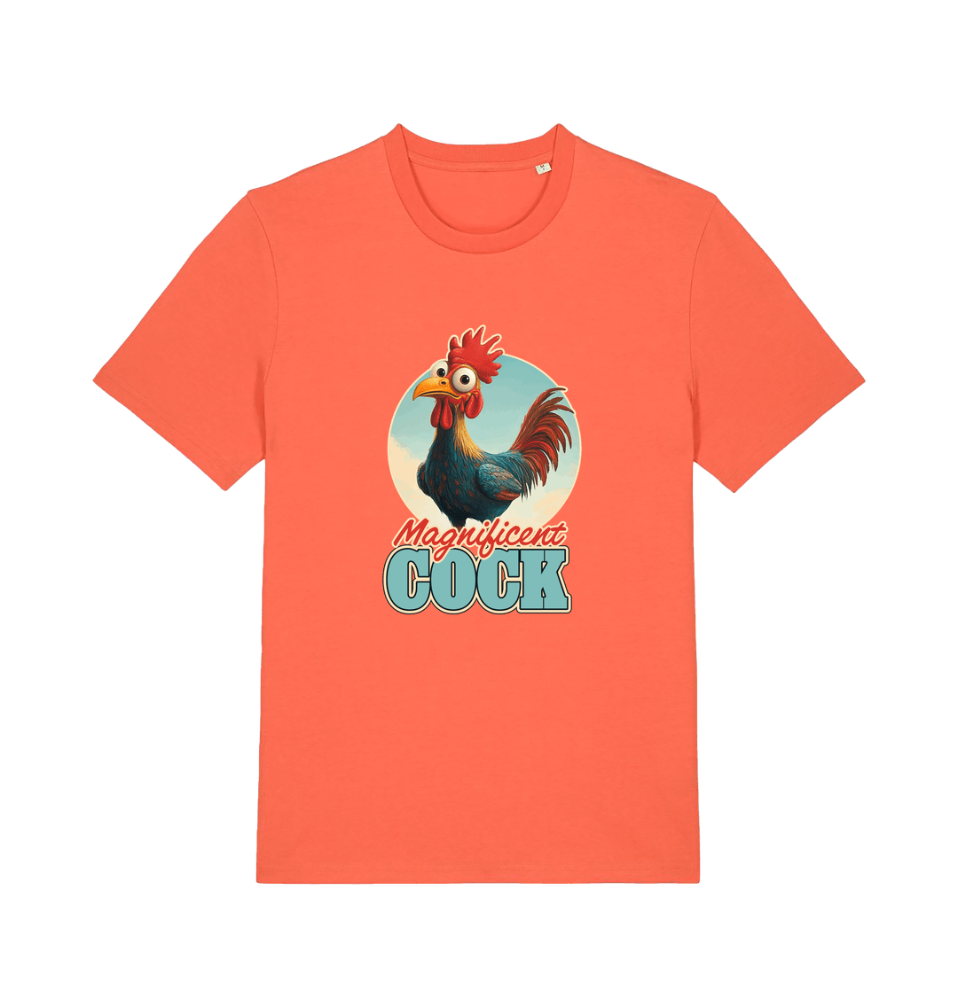 orange funny offensive t-shirt with the graphic of a rooster and the slogan 'magnificent cock'
