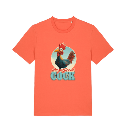 orange funny offensive t-shirt with the graphic of a rooster and the slogan 'magnificent cock'