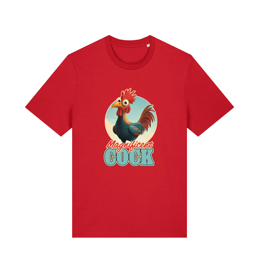 red funny offensive t-shirt with the graphic of a rooster and the slogan 'magnificent cock'