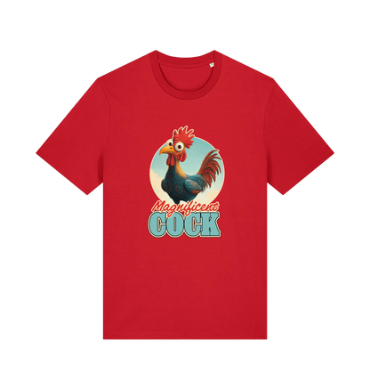 red funny offensive t-shirt with the graphic of a rooster and the slogan 'magnificent cock'