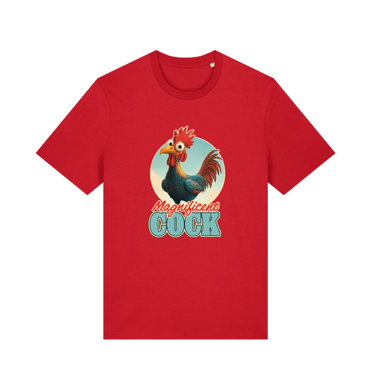 red funny offensive t-shirt with the graphic of a rooster and the slogan 'magnificent cock'