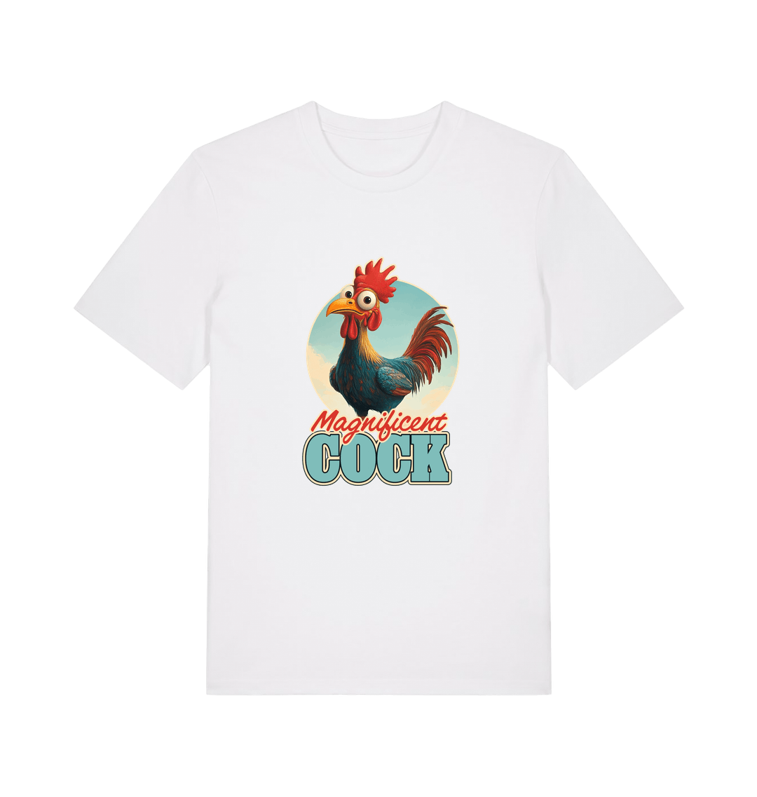 white funny offensive t-shirt with the graphic of a rooster and the slogan 'magnificent cock'