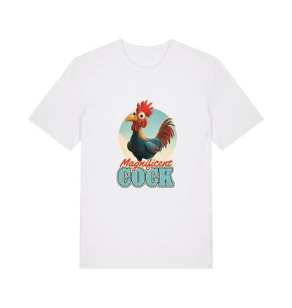 white funny offensive t-shirt with the graphic of a rooster and the slogan 'magnificent cock'