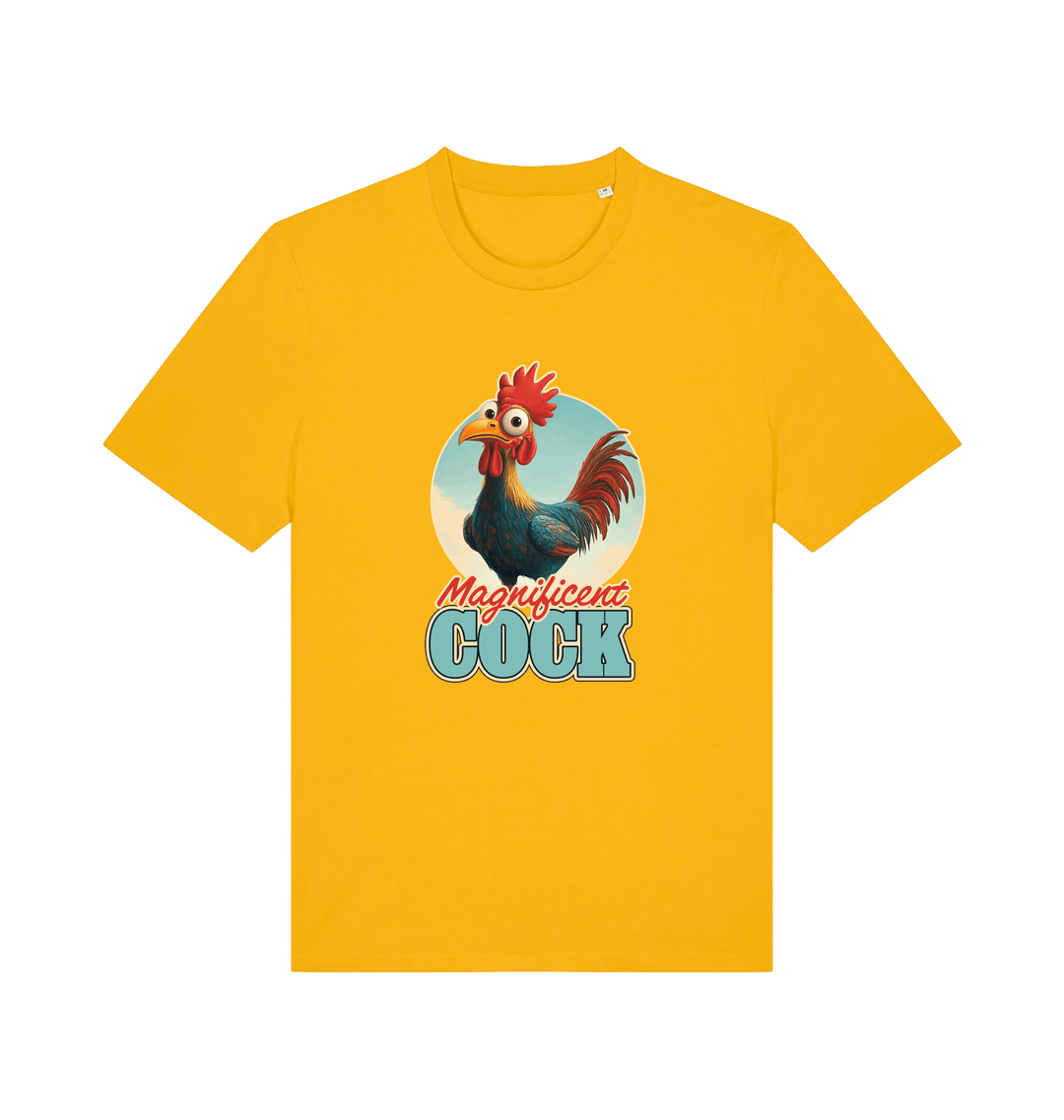 yellow funny offensive t-shirt with the graphic of a rooster and the slogan 'magnificent cock'