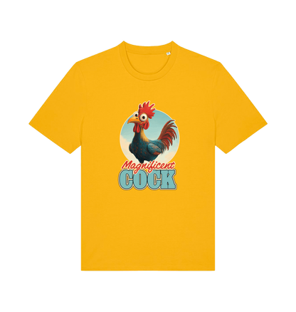 yellow funny offensive t-shirt with the graphic of a rooster and the slogan 'magnificent cock'
