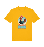 yellow funny offensive t-shirt with the graphic of a rooster and the slogan 'magnificent cock'