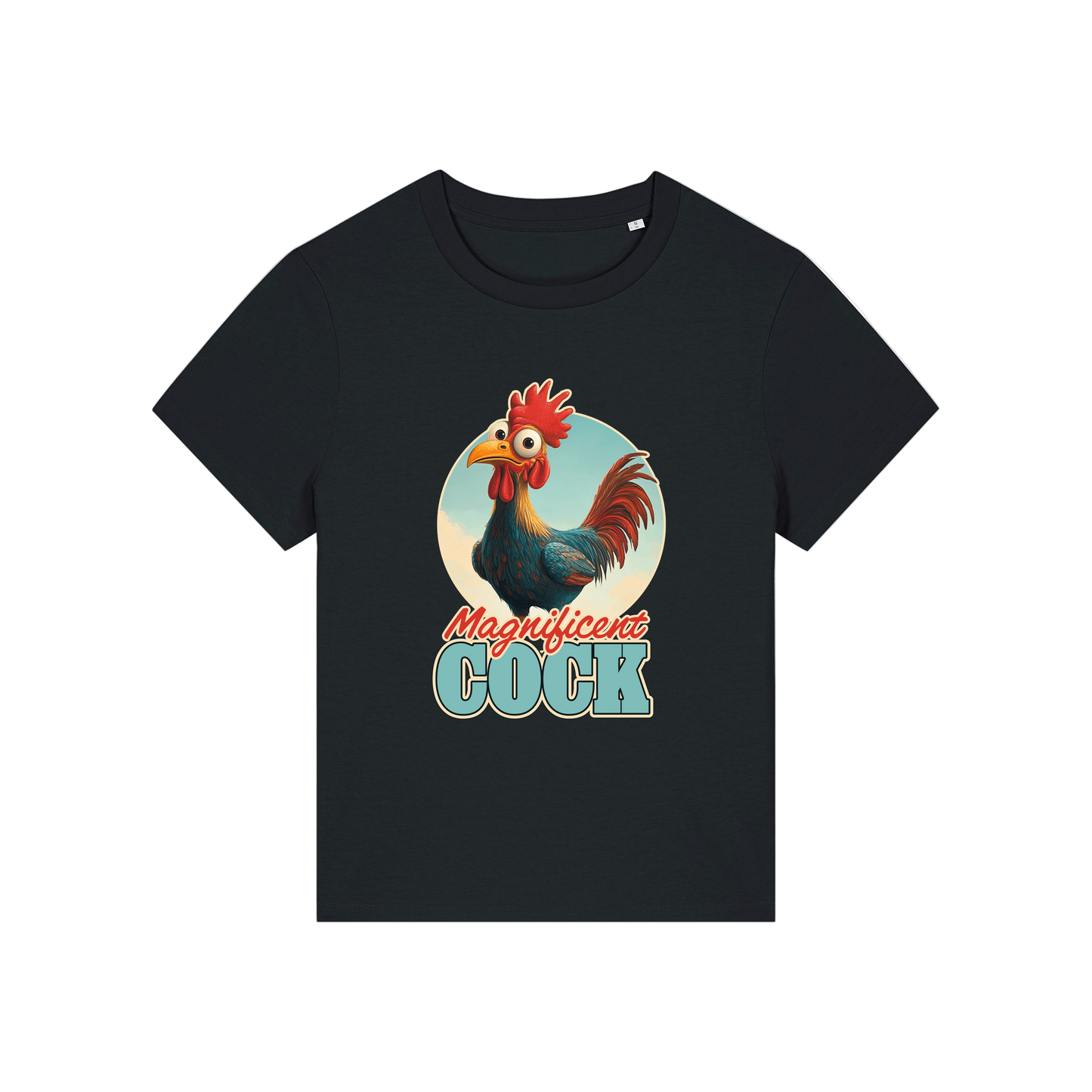 black funny animal t-shirt with the graphic of a rooster and the slogan 'magnificent cock'