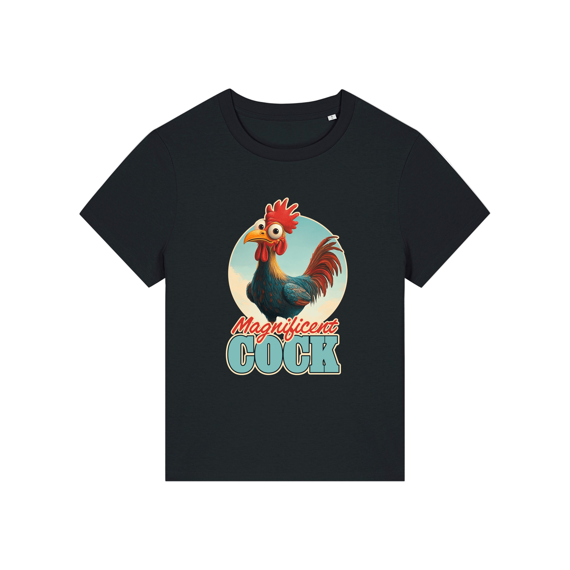 black funny animal t-shirt with the graphic of a rooster and the slogan 'magnificent cock'