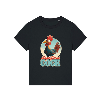 black funny animal t-shirt with the graphic of a rooster and the slogan 'magnificent cock'