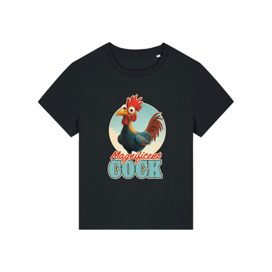 black funny animal t-shirt with the graphic of a rooster and the slogan 'magnificent cock'