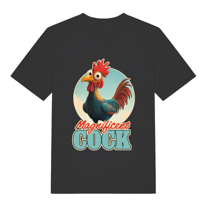 Black women’s Magnificent Cock funny graphic t-shirt with cartoon rooster and bold “Magnificent COCK” text  