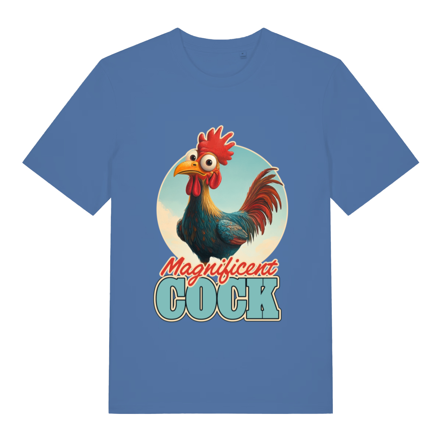 Blue women’s Magnificent Cock funny graphic t-shirt featuring colourful cartoon rooster and “Magnificent COCK” lettering  