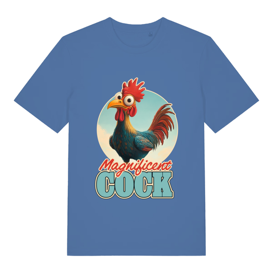 Blue women’s Magnificent Cock funny graphic t-shirt featuring colourful cartoon rooster and “Magnificent COCK” lettering  
