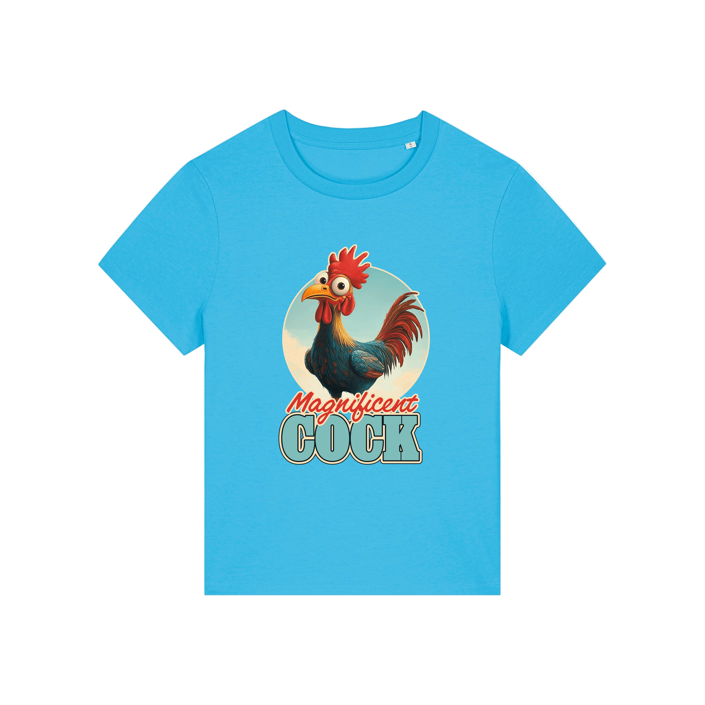blue funny animal t-shirt with the graphic of a rooster and the slogan 'magnificent cock'