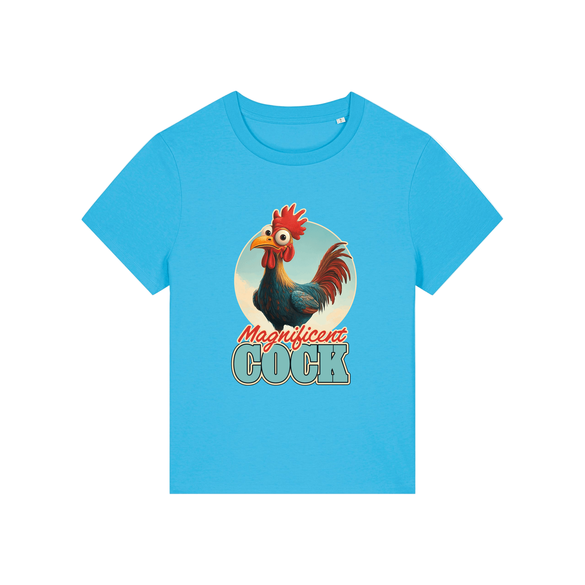 blue funny animal t-shirt with the graphic of a rooster and the slogan 'magnificent cock'
