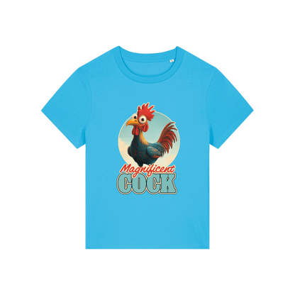 blue funny animal t-shirt with the graphic of a rooster and the slogan 'magnificent cock'