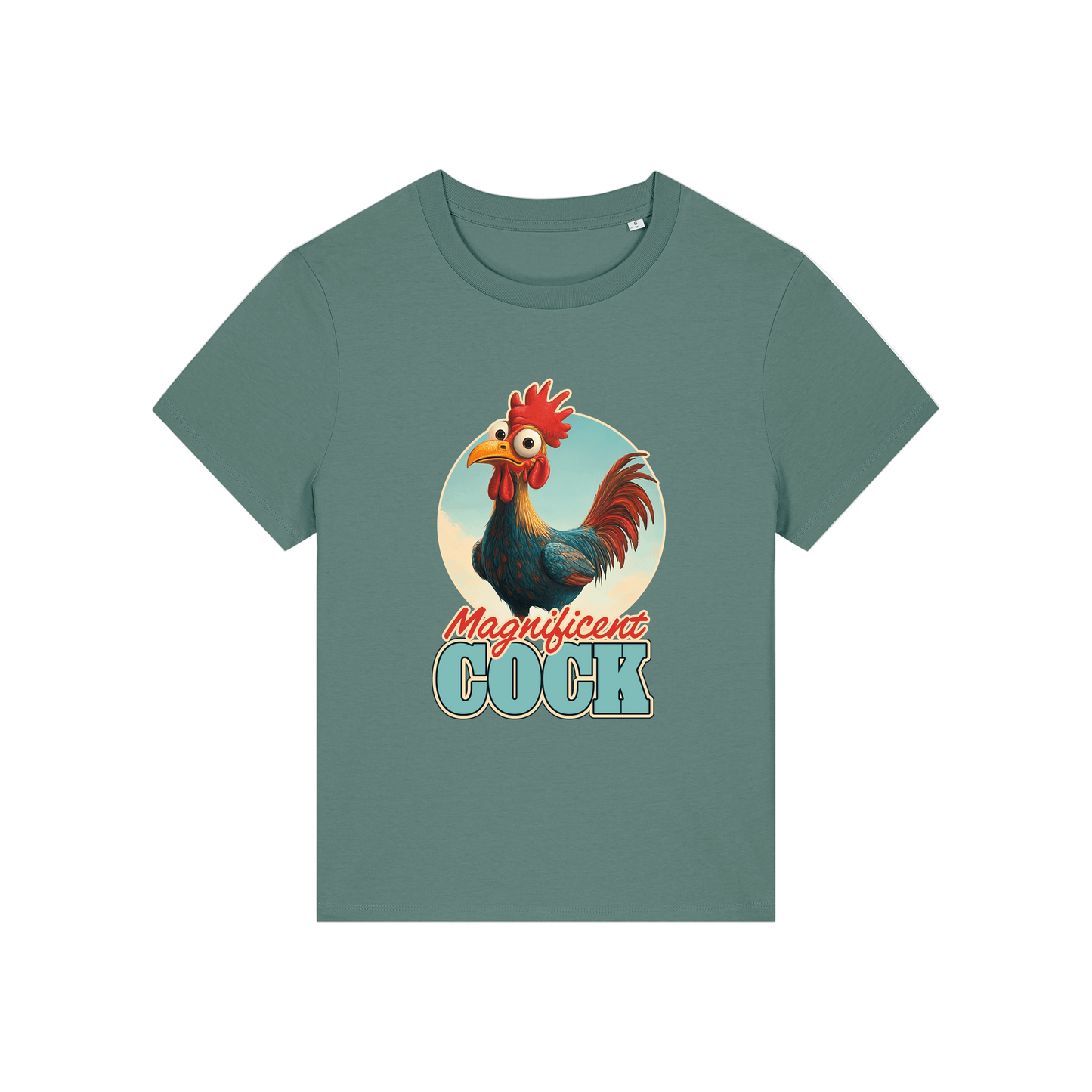 green funny animal t-shirt with the graphic of a rooster and the slogan 'magnificent cock'