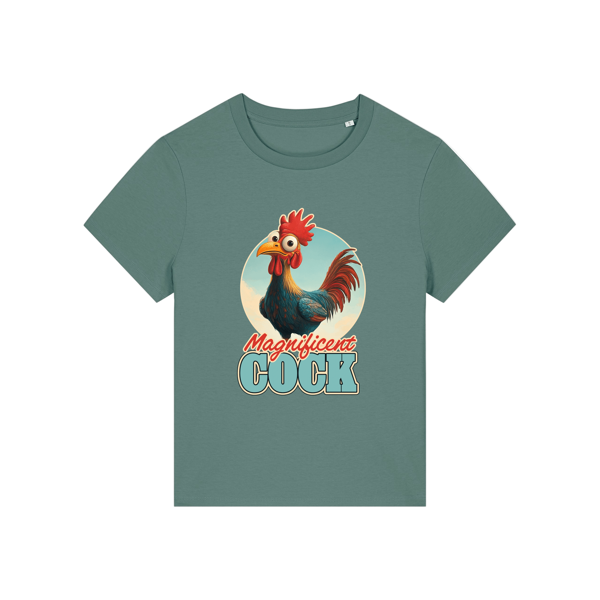 green funny animal t-shirt with the graphic of a rooster and the slogan 'magnificent cock'