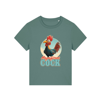 green funny animal t-shirt with the graphic of a rooster and the slogan 'magnificent cock'