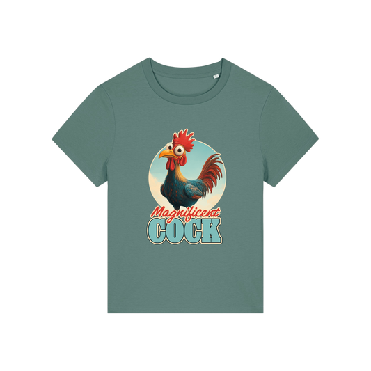 green funny animal t-shirt with the graphic of a rooster and the slogan 'magnificent cock'