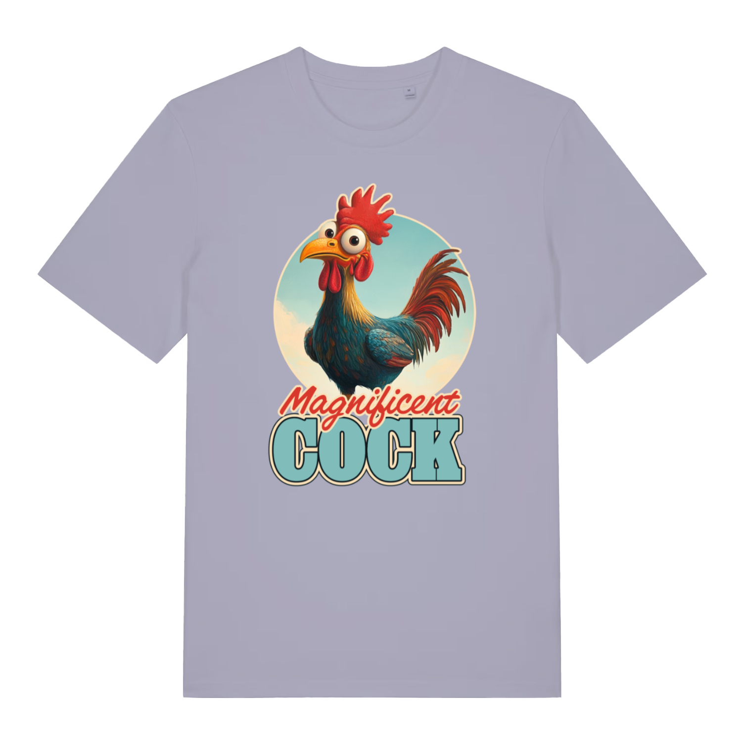 lavender women's funny animal t-shirt with the graphic of a cartoon rooster and the slogan 'magnificent cock'