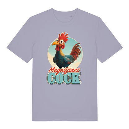 lavender women's funny animal t-shirt with the graphic of a cartoon rooster and the slogan 'magnificent cock'