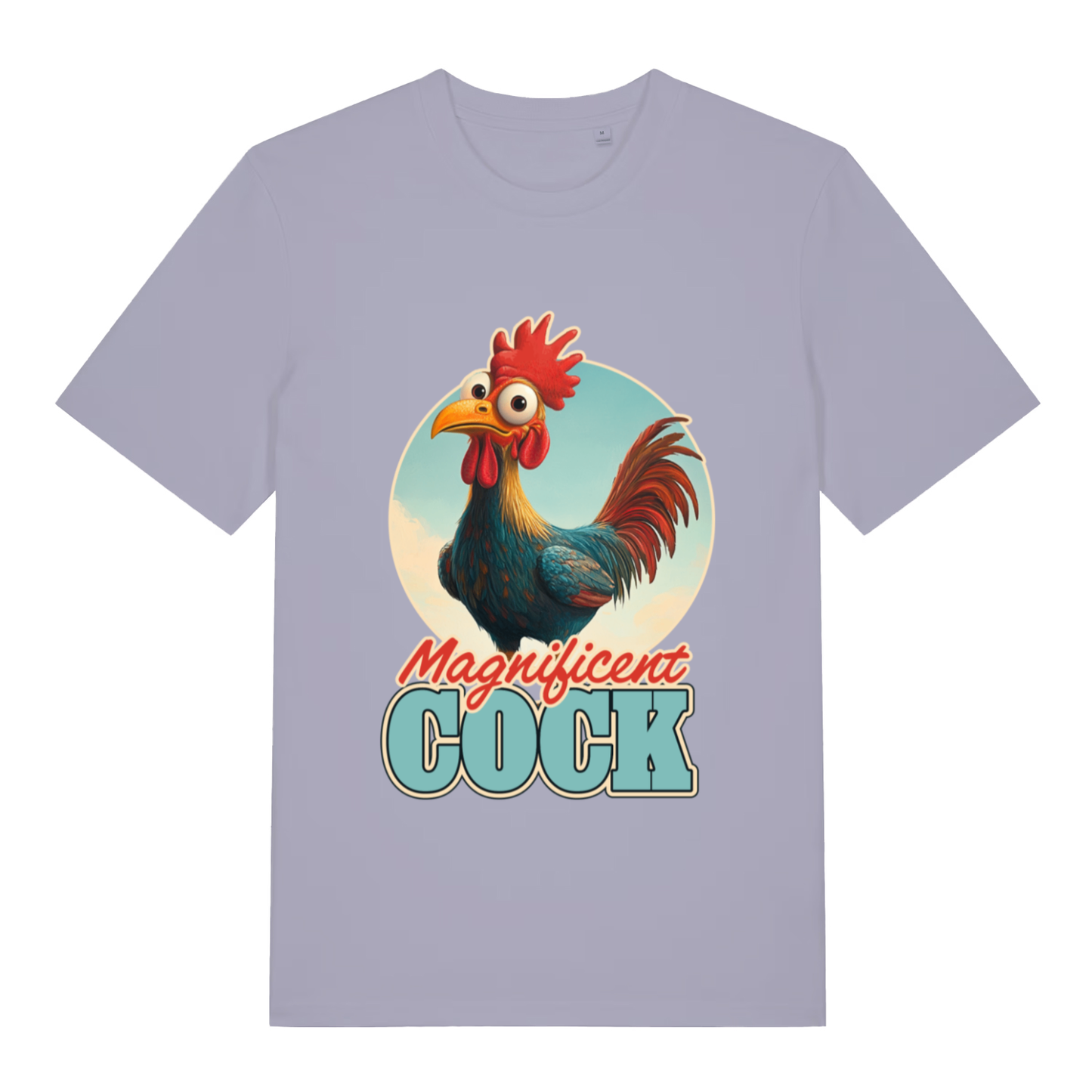 Lavender women’s Magnificent Cock funny graphic t-shirt with sharp cartoon rooster design and “Magnificent COCK” text  