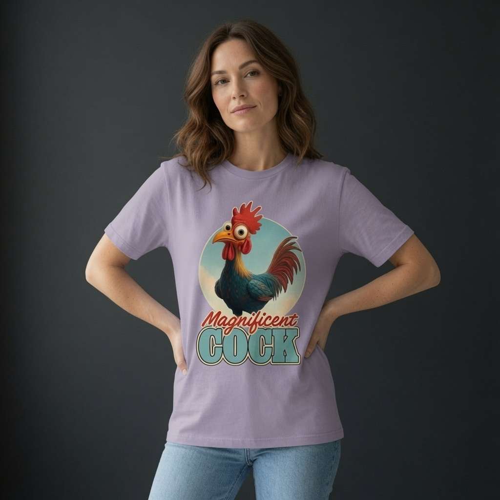 Woman with hands on hips looking to the side in lavender Magnificent Cock tee, funny ladies cockerel pun graphic