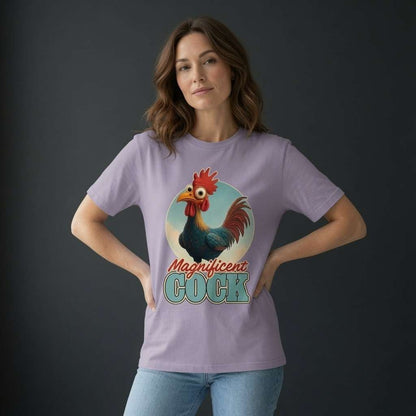 Woman with hands on hips looking to the side in lavender Magnificent Cock tee, funny ladies cockerel pun graphic