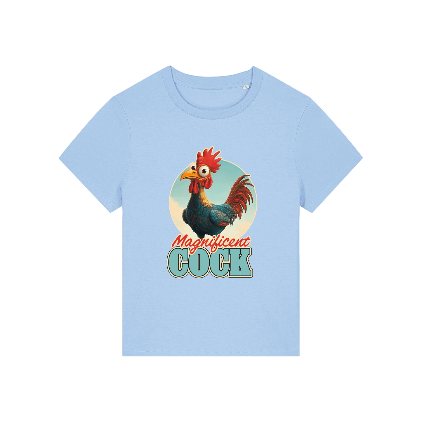 light blue funny animal t-shirt with the graphic of a rooster and the slogan 'magnificent cock'