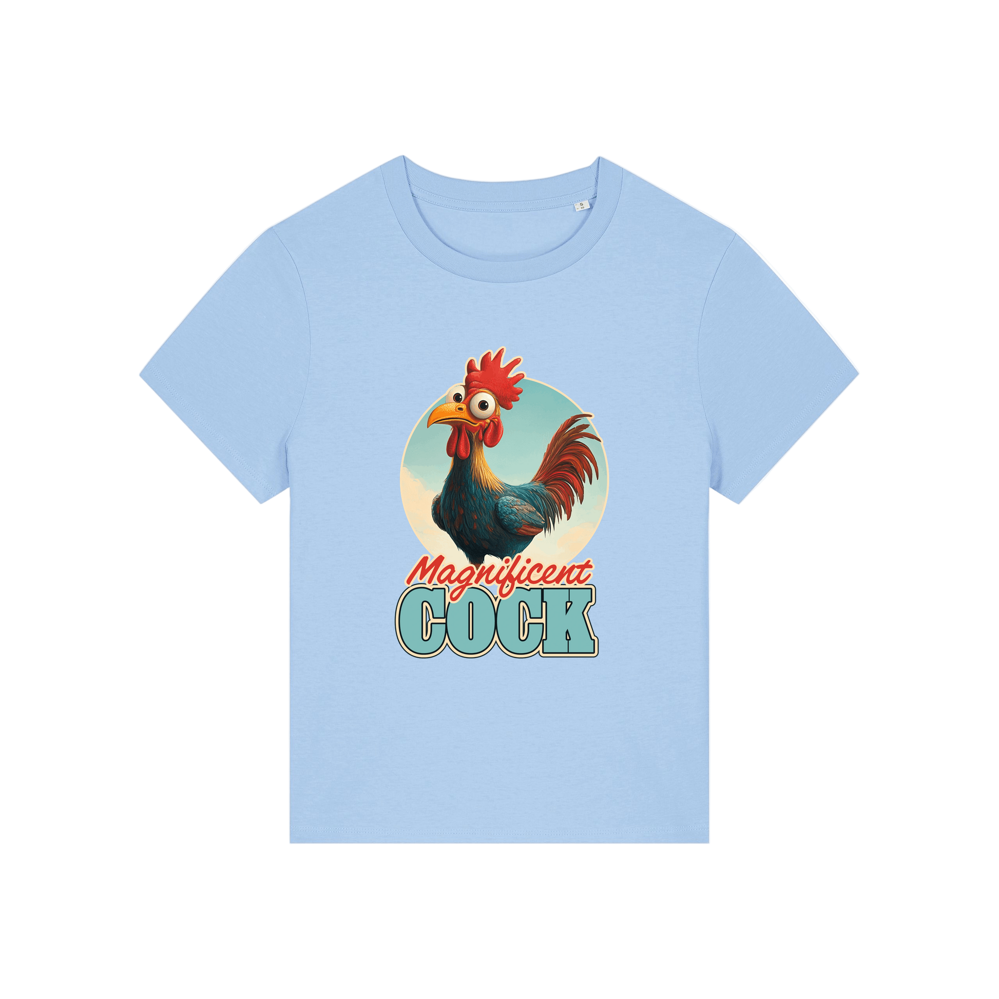 light blue funny animal t-shirt with the graphic of a rooster and the slogan 'magnificent cock'