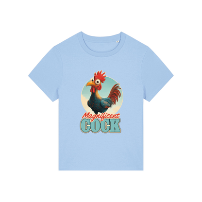 light blue funny animal t-shirt with the graphic of a rooster and the slogan 'magnificent cock'