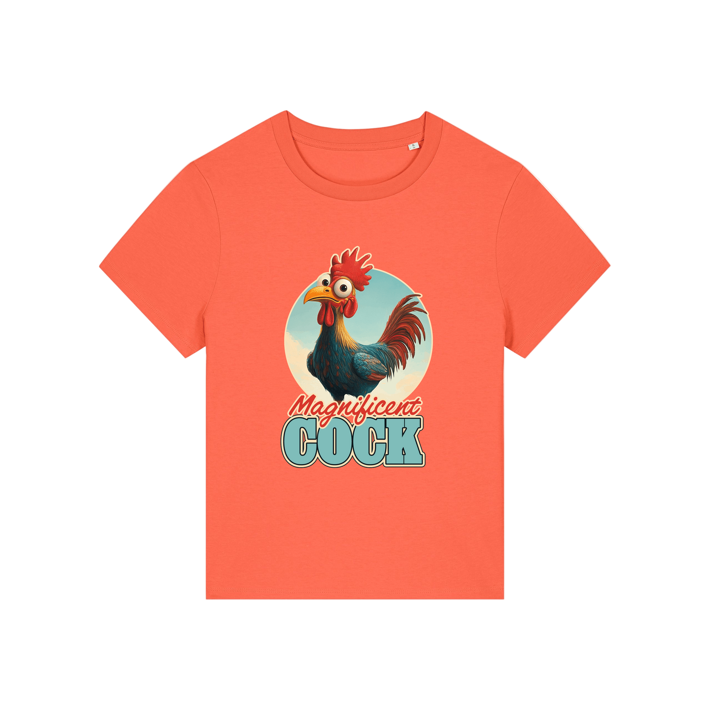 orange funny animal t-shirt with the graphic of a rooster and the slogan 'magnificent cock'
