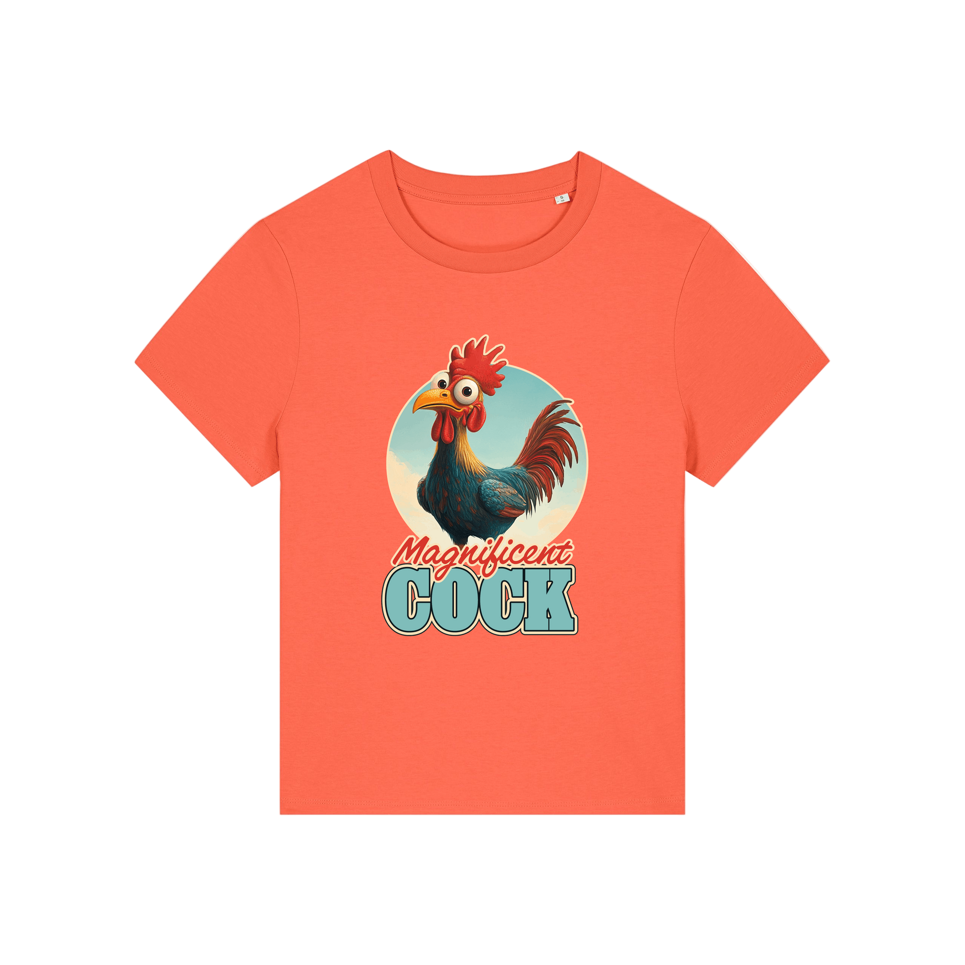 orange funny animal t-shirt with the graphic of a rooster and the slogan 'magnificent cock'