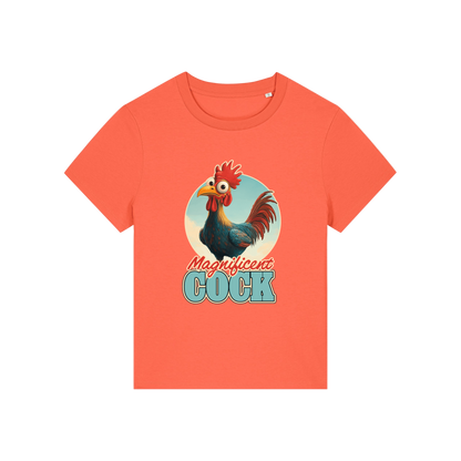 orange funny animal t-shirt with the graphic of a rooster and the slogan 'magnificent cock'