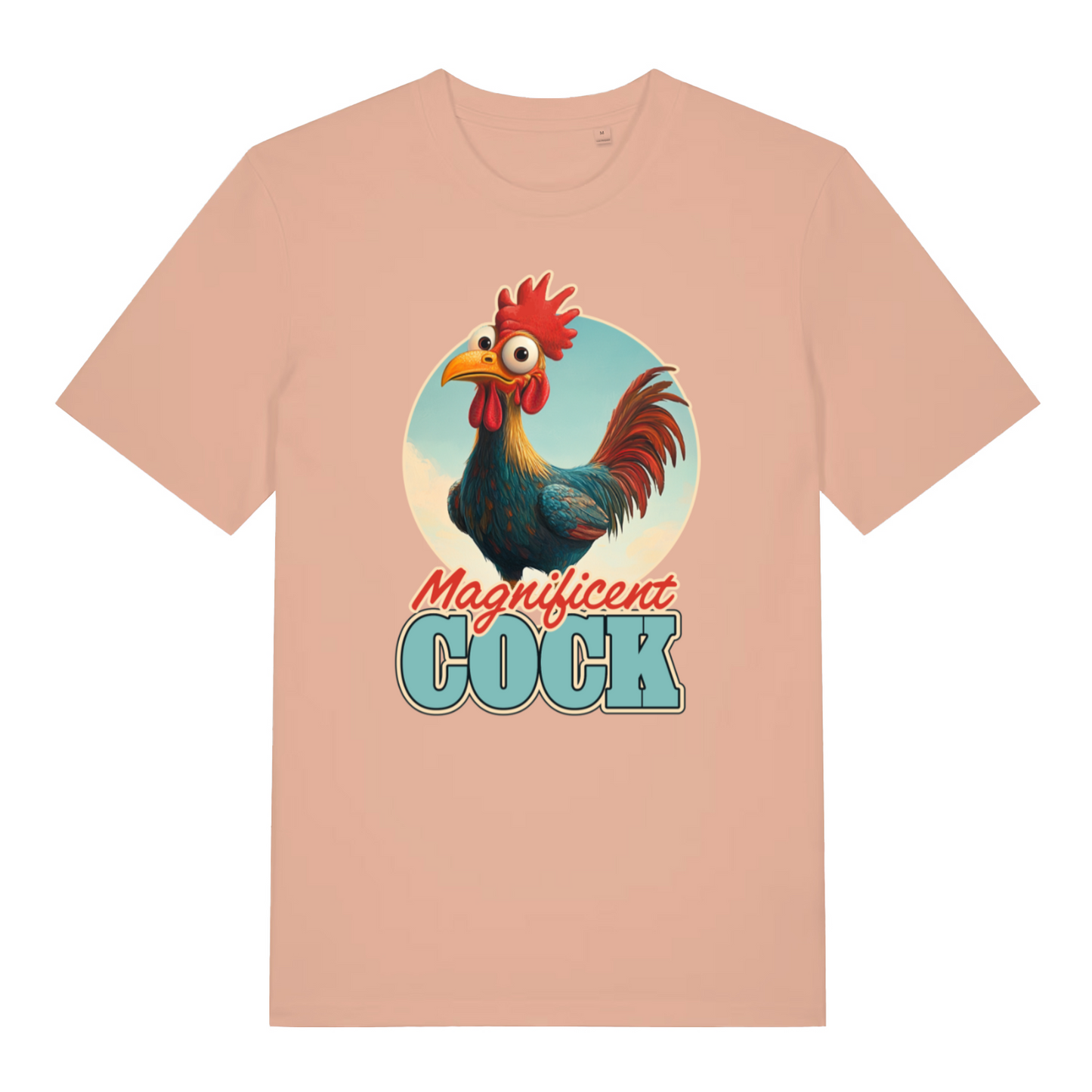 peach women's funny animal t-shirt with the graphic of a cartoon rooster and the slogan 'magnificent cock'