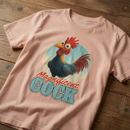 Peach Magnificent Cock t-shirt on wood with rooster design, ladies graphic